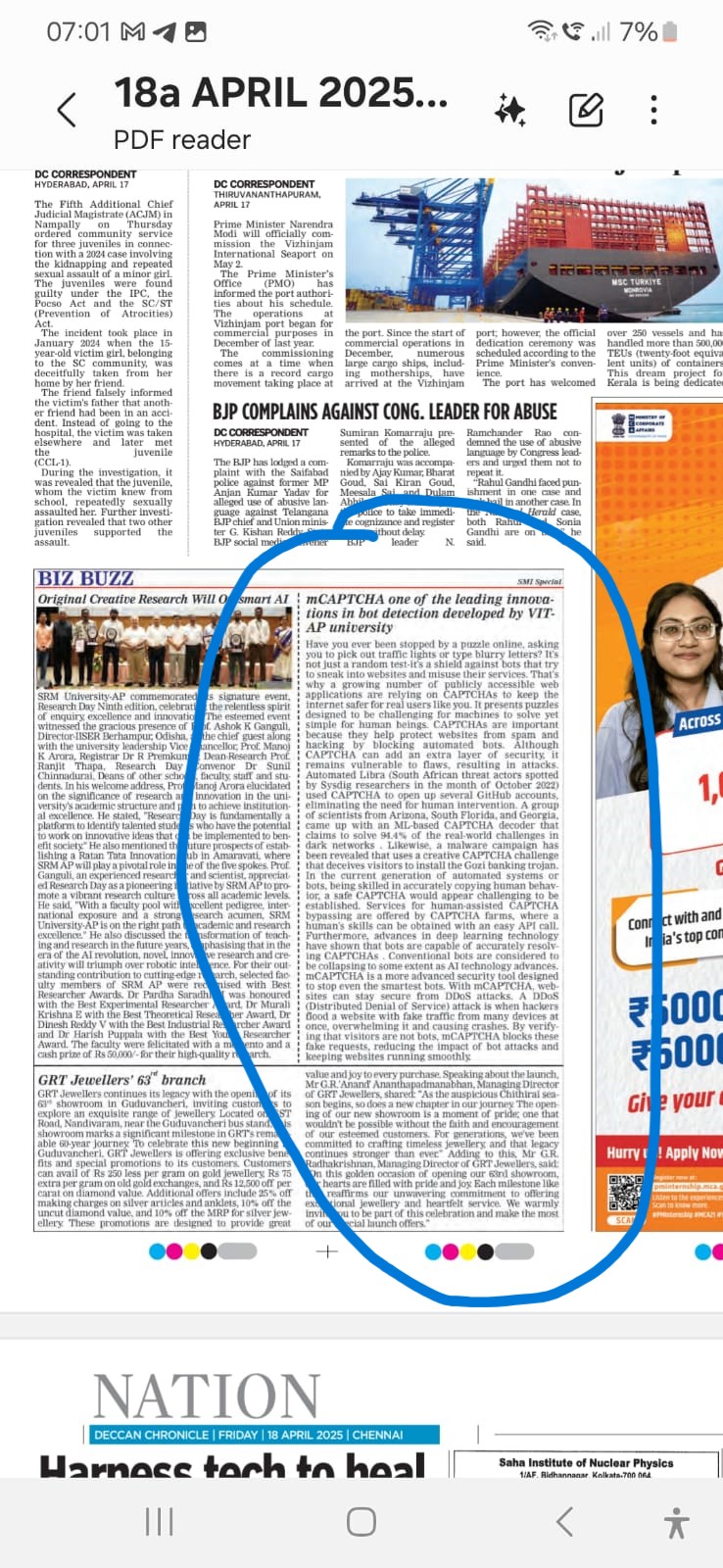 Our research (open) tool, 'MCaptcha' was published in Deccan Chronicles - news article